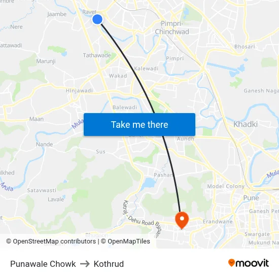 Punawale Chowk to Kothrud map