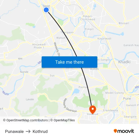 Punawale to Kothrud map
