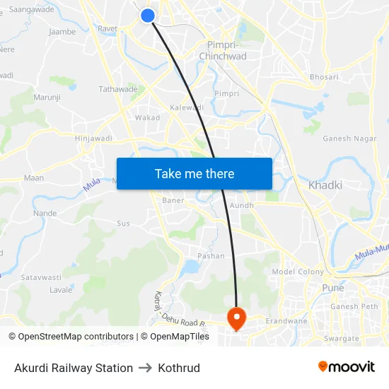 Akurdi Railway Station to Kothrud map
