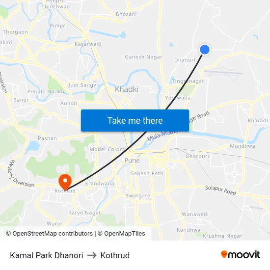 Kamal Park Dhanori to Kothrud map