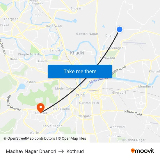 Madhav Nagar Dhanori to Kothrud map