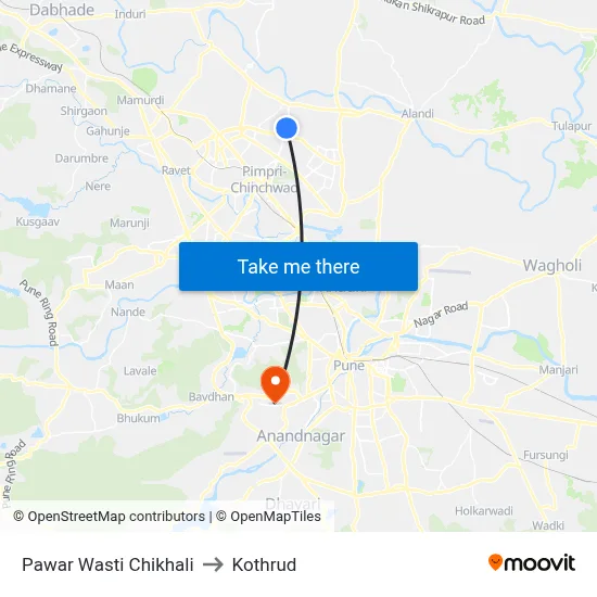 Pawar Wasti Chikhali to Kothrud map