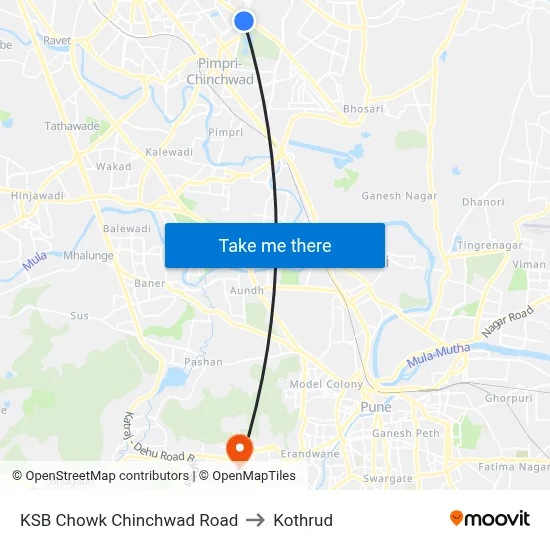 KSB Chowk Chinchwad Road to Kothrud map