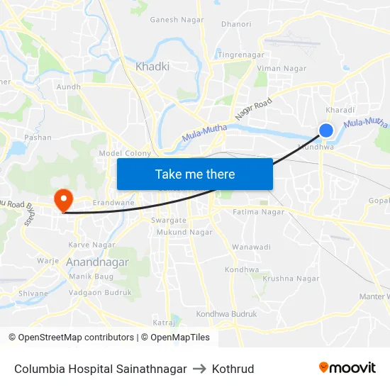 Columbia Hospital Sainathnagar to Kothrud map