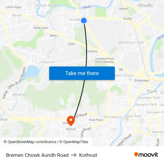 Bremen Chowk Aundh Road to Kothrud map