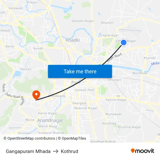 Gangapuram Mhada to Kothrud map