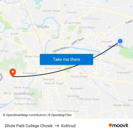 Dhole Patil College Chowk to Kothrud map