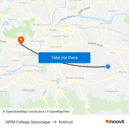 JSPM College Satavnagar to Kothrud map