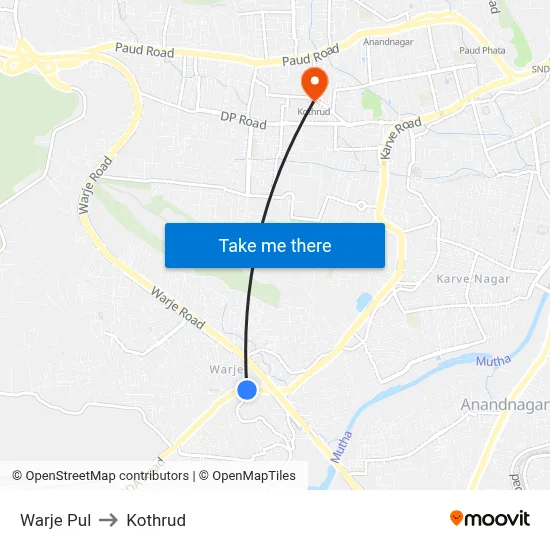 Warje Pul to Kothrud map