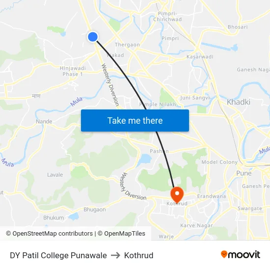 DY Patil College Punawale to Kothrud map