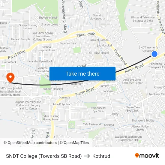 SNDT College (Towards SB Road) to Kothrud map