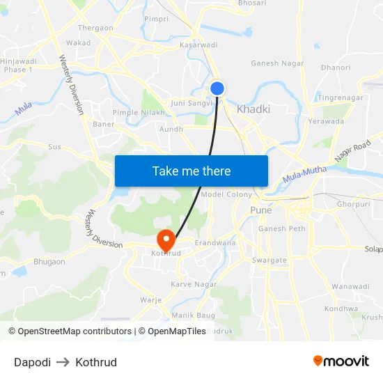 Dapodi to Kothrud map