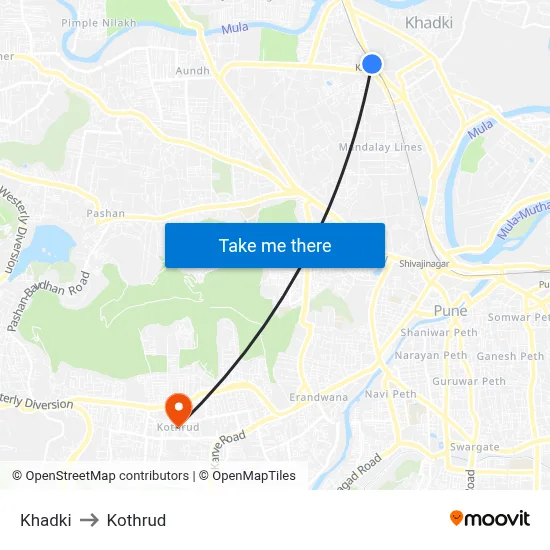 Khadki to Kothrud map