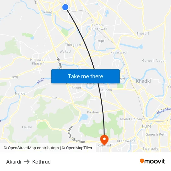 Akurdi to Kothrud map