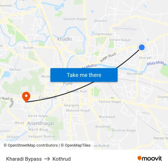 Kharadi Bypass to Kothrud map