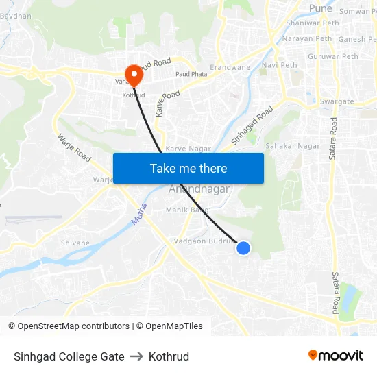Sinhgad College Gate to Kothrud map