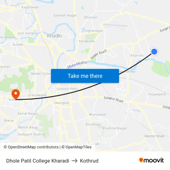 Dhole Patil College Kharadi to Kothrud map