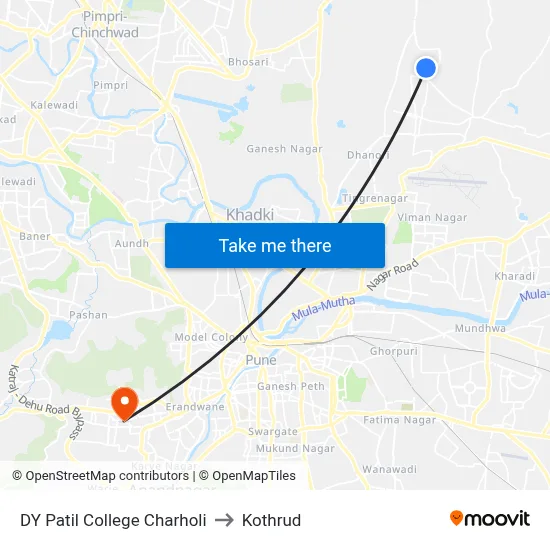 DY Patil College Charholi to Kothrud map
