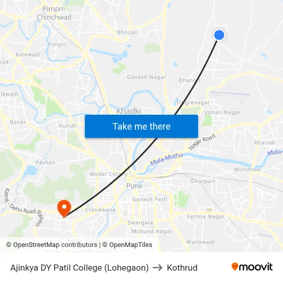 Ajinkya DY Patil College (Lohegaon) to Kothrud map