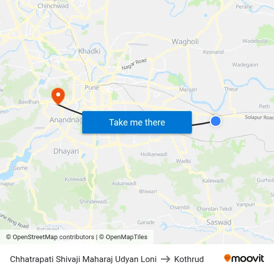 Chhatrapati Shivaji Maharaj Udyan Loni to Kothrud map