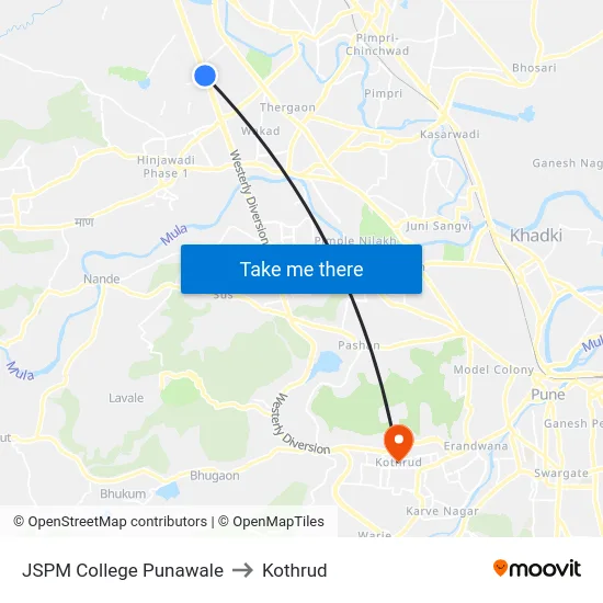 JSPM College Punawale to Kothrud map