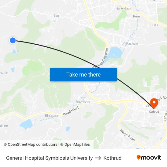 General Hospital Symbiosis University to Kothrud map