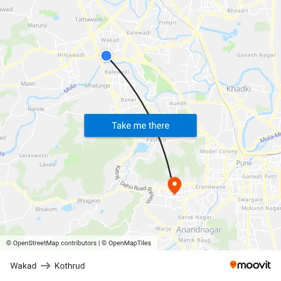 Wakad to Kothrud map