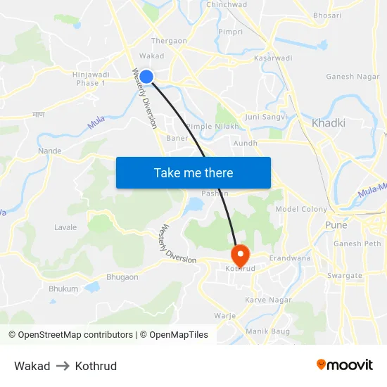 Wakad to Kothrud map