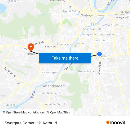 Swargate Corner to Kothrud map