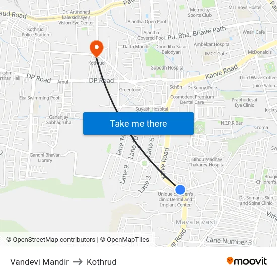 Vandevi Mandir to Kothrud map
