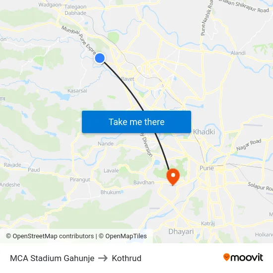MCA Stadium Gahunje to Kothrud map