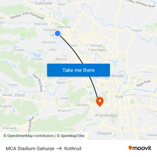 MCA Stadium Gahunje to Kothrud map