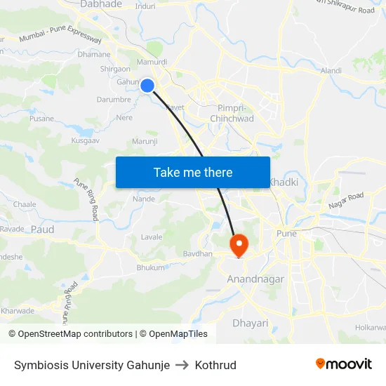 Symbiosis University Gahunje to Kothrud map