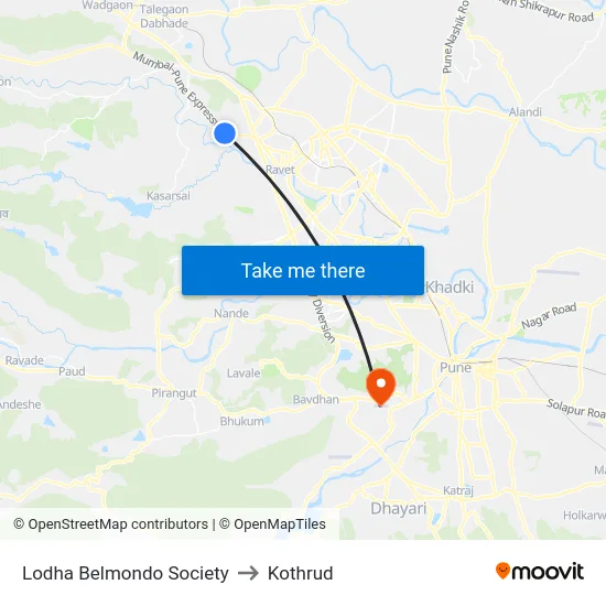 Lodha Belmondo Society to Kothrud map