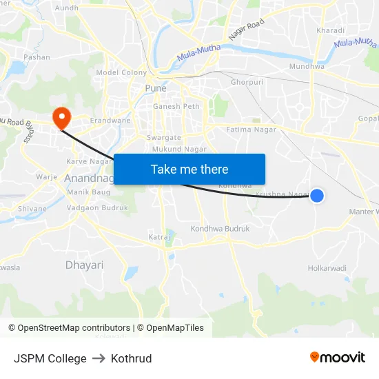 JSPM College to Kothrud map
