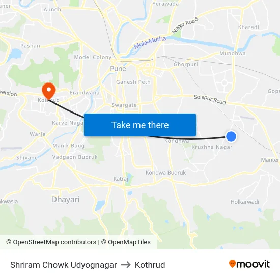 Shriram Chowk Udyognagar to Kothrud map