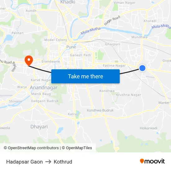 Hadapsar Gaon to Kothrud map