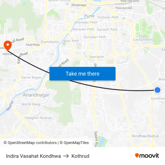 Indira Vasahat Kondhwa to Kothrud map