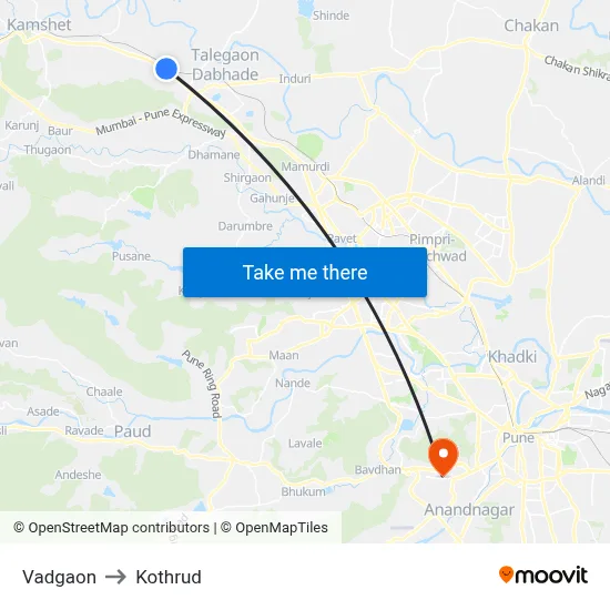 Vadgaon to Kothrud map