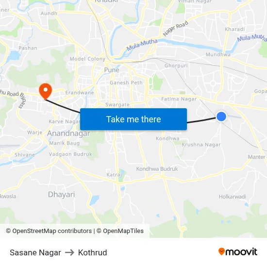 Sasane Nagar to Kothrud map