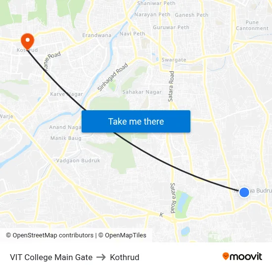 VIT College Main Gate to Kothrud map