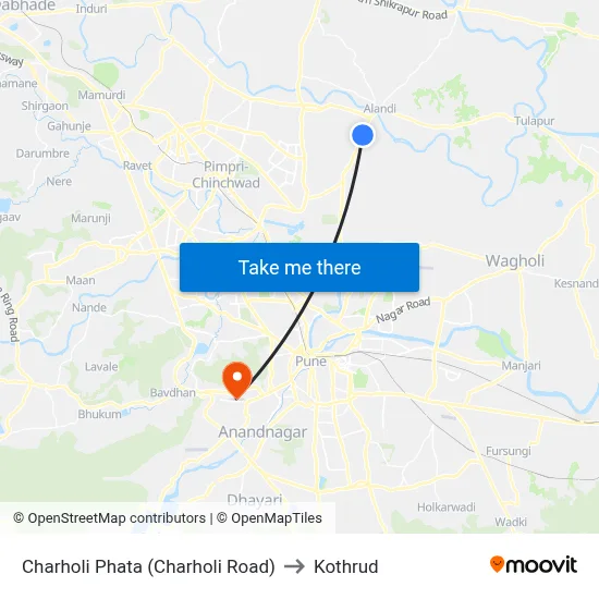 Charholi Phata (Charholi Road) to Kothrud map