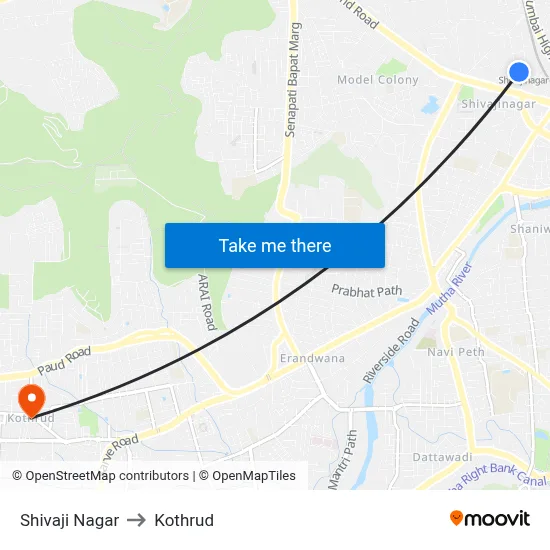 Shivaji Nagar to Kothrud map