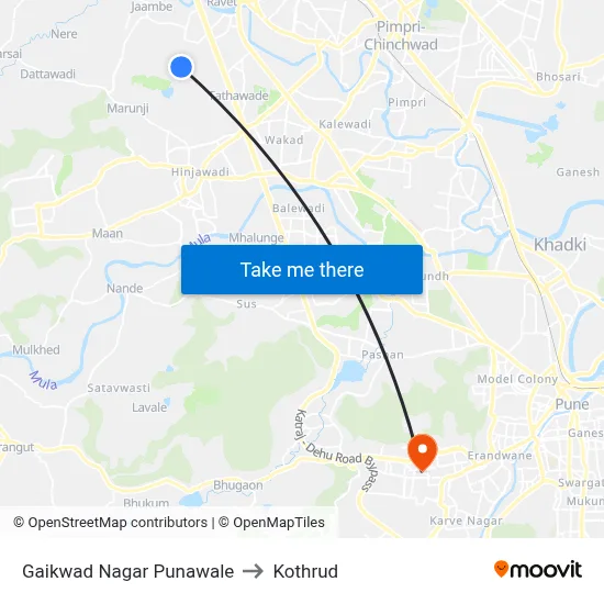 Gaikwad Nagar Punawale to Kothrud map