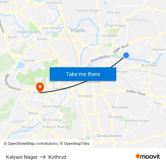 Kalyani Nagar to Kothrud map