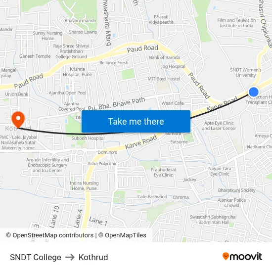 SNDT College to Kothrud map