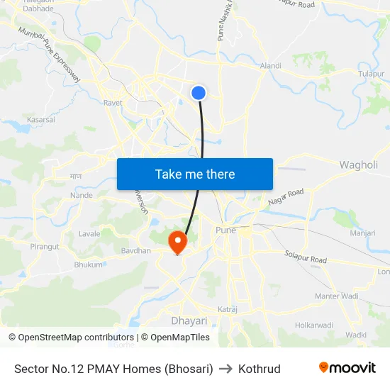 Sector No.12 PMAY Homes (Bhosari) to Kothrud map