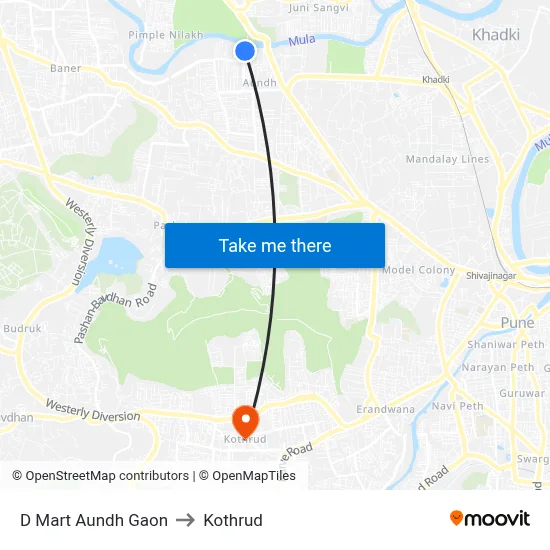 D Mart Aundh Gaon to Kothrud map