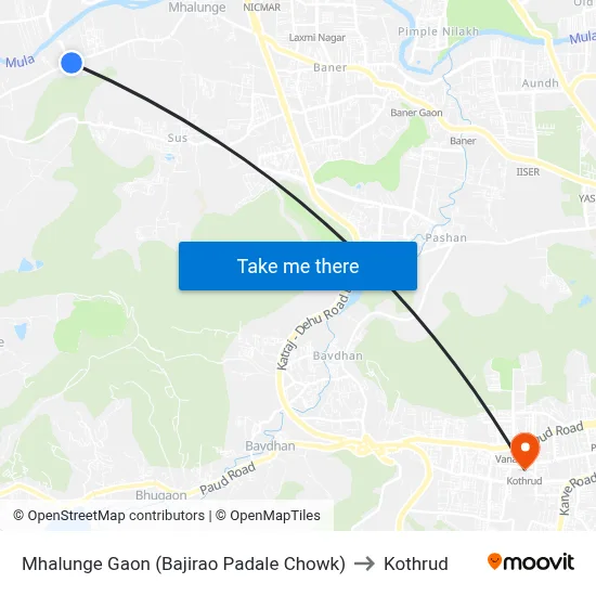 Mhalunge Gaon (Bajirao Padale Chowk) to Kothrud map