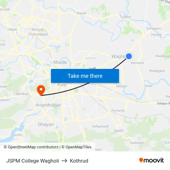 Wagholi JSPM College to Kothrud map